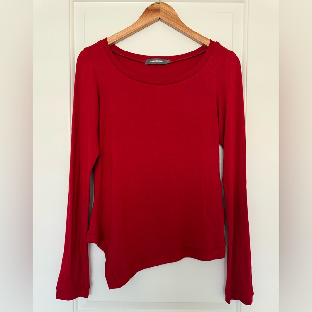 Alembika Red Asymmetrical Hem Long Sleeve Top Scoop Neck Lagenlook Avant Garde 2 - Picture 3 of 7